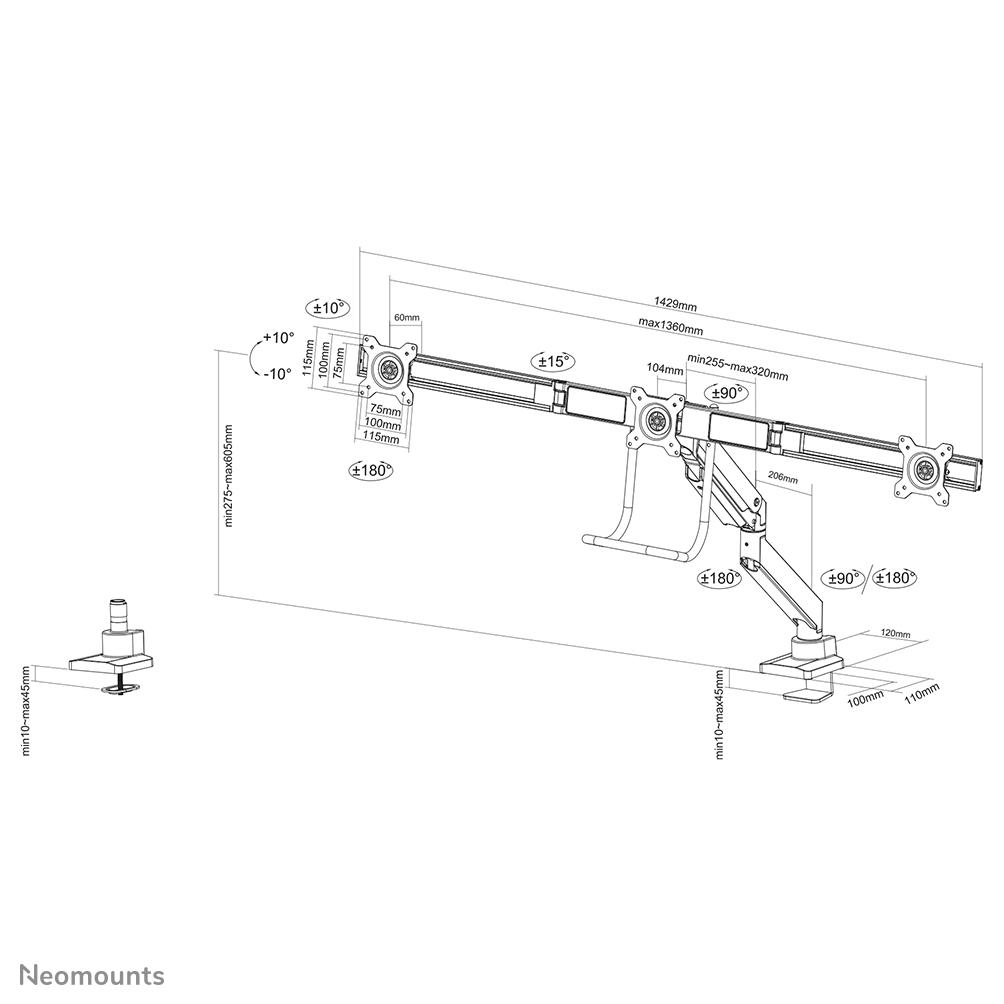 Neomounts NM-D775DX3BLACK Monitor arm 17-27" - gas spring - Topfix - 180°-stop